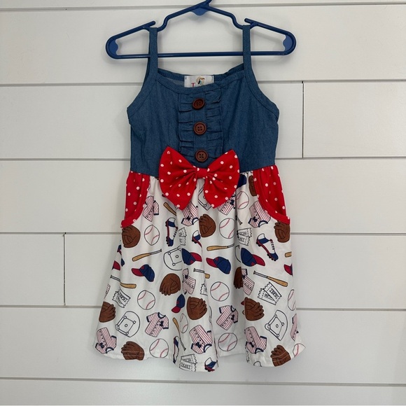 NWT Twocan 2T Girls Baseball Dress Spaghetti Strap Summer Sports Denim Boutique - Picture 2 of 4